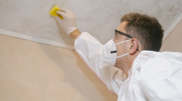 a mold inspector checking a ceiling